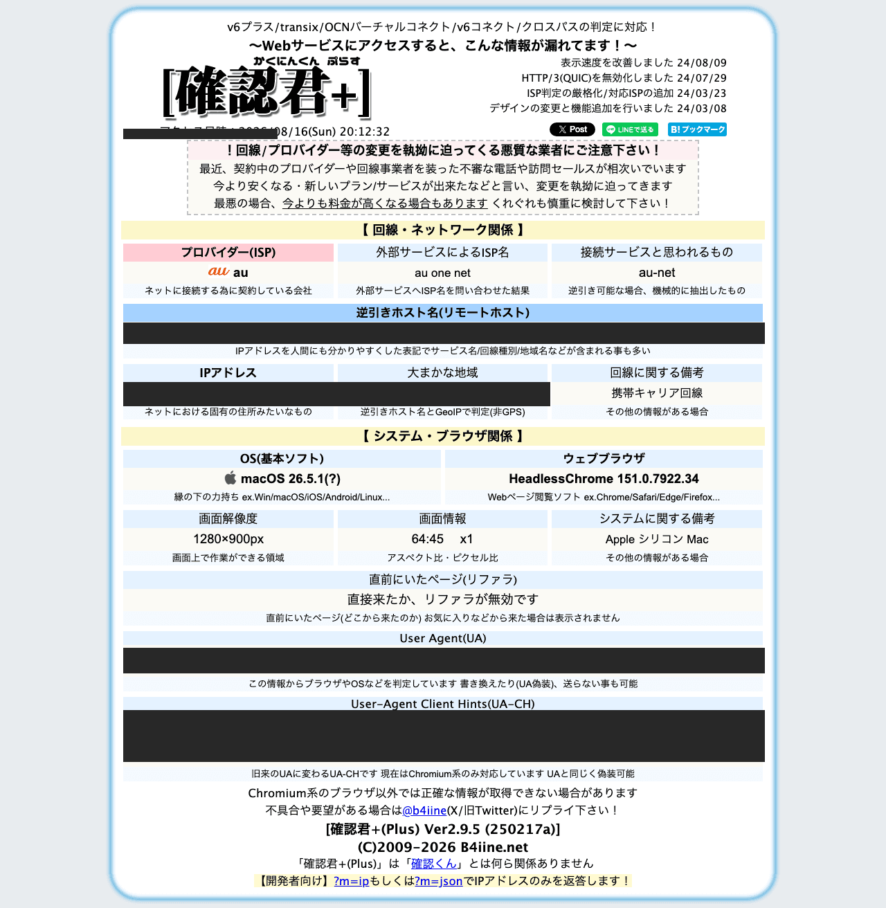 確認君+にアクセスした際の画面例(個別の値はぼかし加工済み)